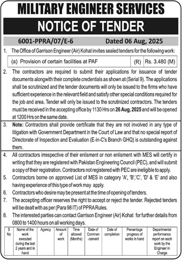 Military Engineer Service Tender Notice